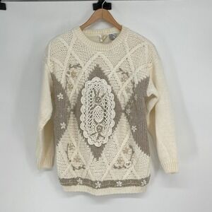 Vintage Sweater‎ Cream Beige Knit Crochet Floral Applique Size L Grandma Core